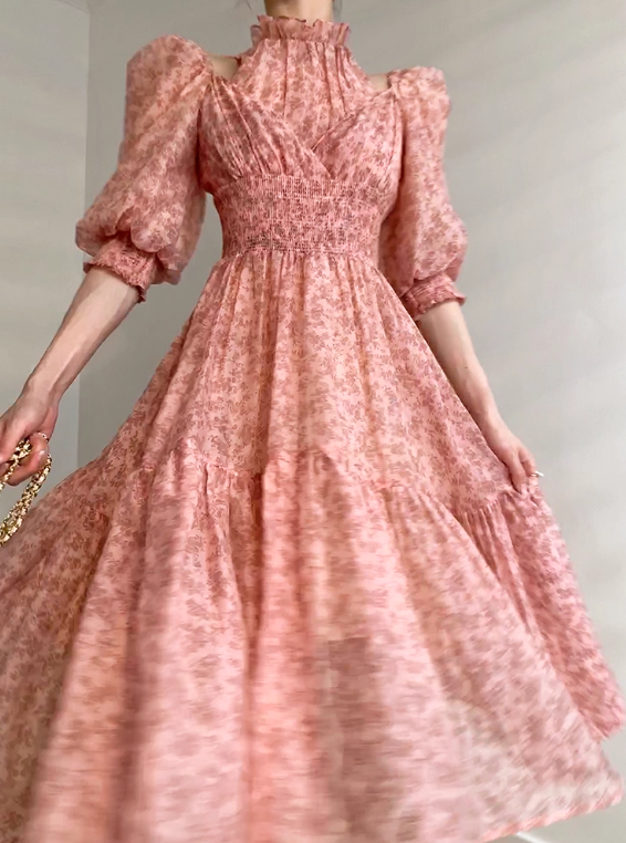 Pink A Line Puff Print Floral Chiffon Prom Dress Outfits SH4730