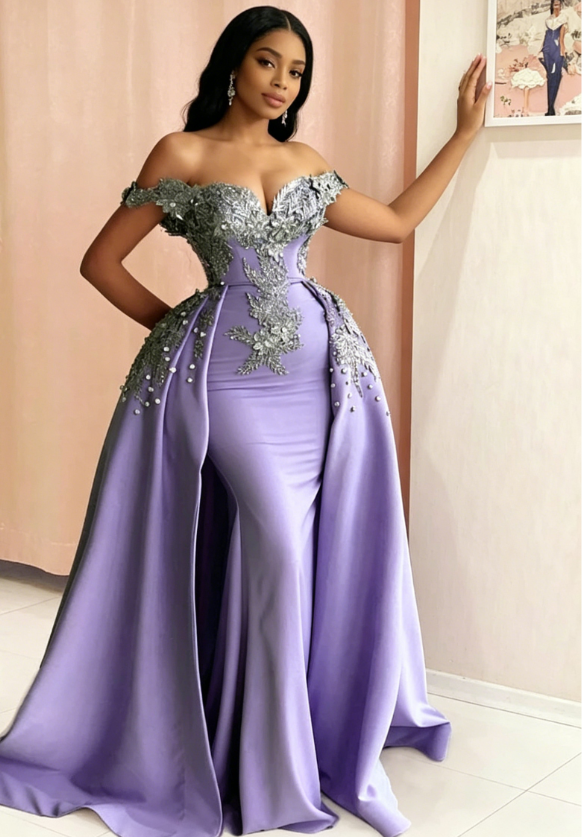 Mermaid Evening Dress Off Shoulder Silver Lace Embroidery Prom Dresses SA692