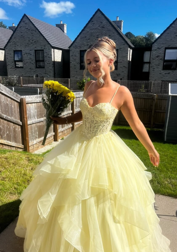 Princess Yellow A Line Spaghetti Strap Lace Ruffle Tulle Prom Dress Birthday Dress SH9005