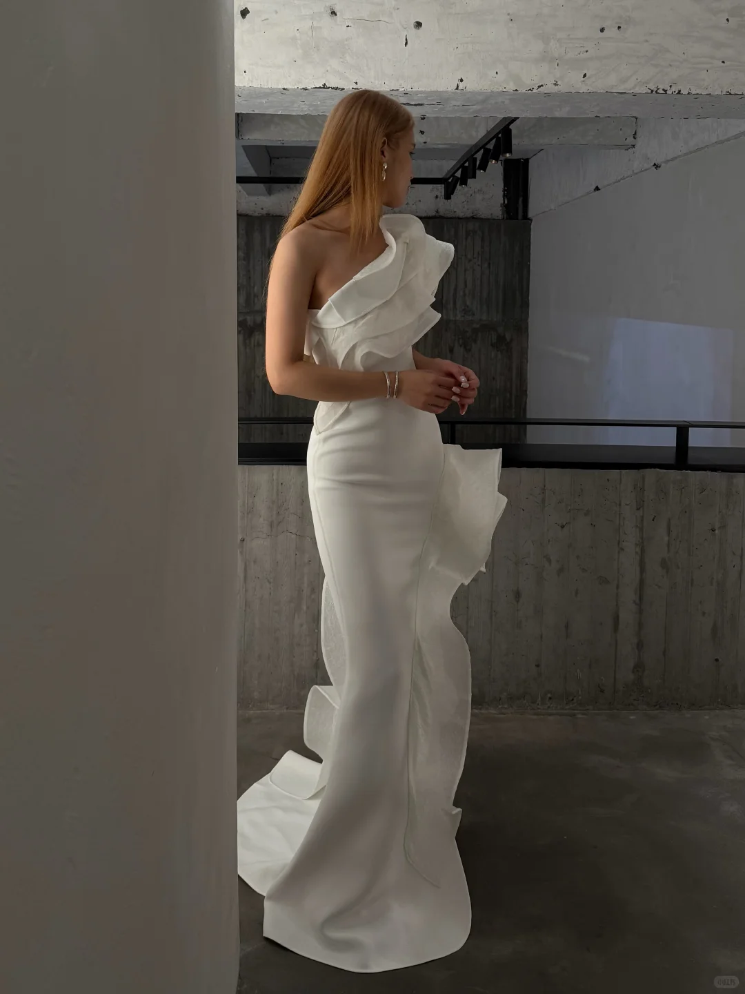 Styletic Mermaid One Shoulder Ruffle White Organza Satin Prom Dress Evening Dress SH7720