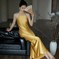 Simple Yellow A Line Spaghetti Strap Satin Open Back Prom Dress Evening Dress SH4210