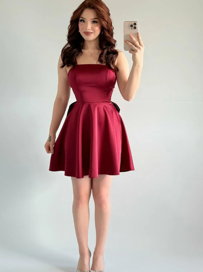 Simple Burgundy A Line Spaghetti Straps Bow Satin Short Prom Dress Homecoming Dress SH6011