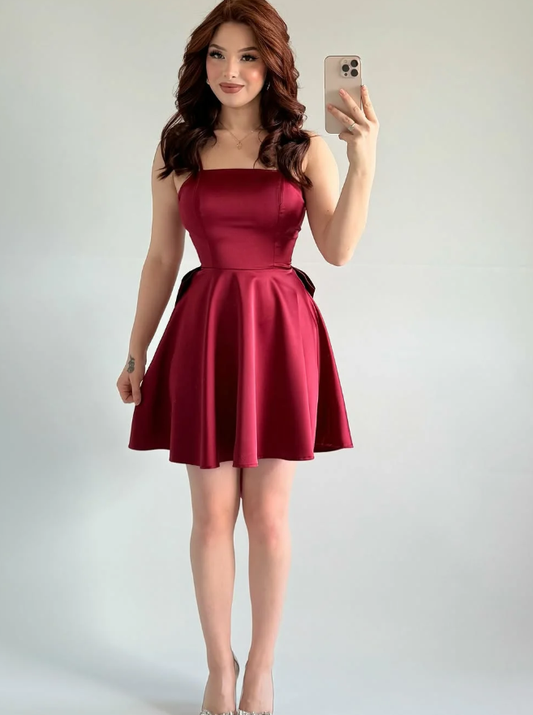 Simple Burgundy A Line Spaghetti Straps Bow Satin Short Prom Dress Homecoming Dress SH6011