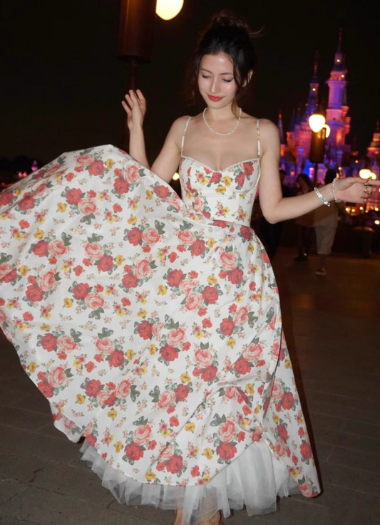 Princess A Line Spaghetti Strap Print Floral Satin Prom Dress 16th Birthday Dress SH3982