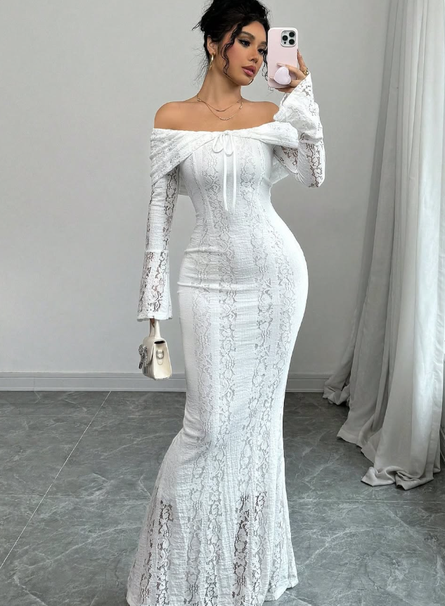 Elegant Mermaid Long Sleeve White Lace Prom Dress Evening Dress SH7077