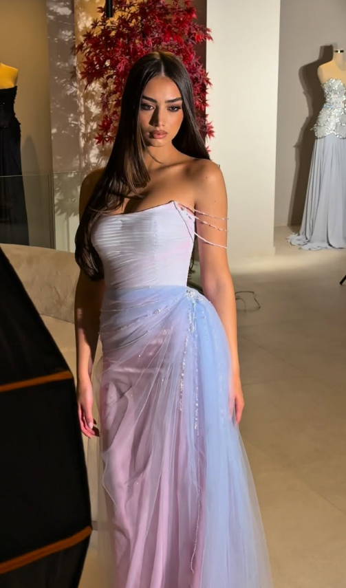 Fairy Pink-blue Ombre A Line Exquisite Beaded Tulle Long Prom Dress Evening Dress SH6748
