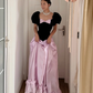 Retro Princess A Line Puff Sleeve Pink Satin Black Velvet Long Prom Dress Evening Dress SH6047
