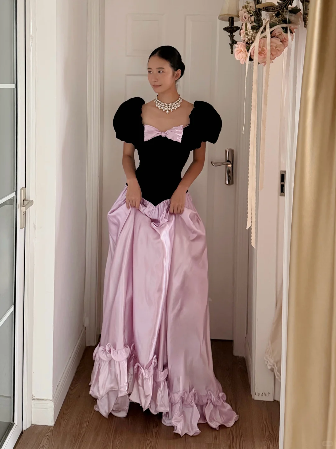 Retro Princess A Line Puff Sleeve Pink Satin Black Velvet Long Prom Dress Evening Dress SH6047