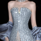 Shiny A Line Strapless Sequin Grey Tulle Satin Long Prom Dress Party Dress SH4195