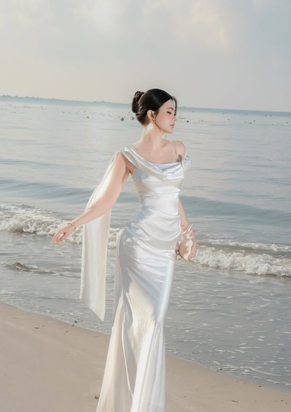 Pretty White Sheath Spaghetti Strap Satin Long Prom Dress Evening Dress SH8803