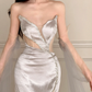 Gorgeous Mermaid Strapless Beaded Silver Satin Tulle Long Evening Dress Ball Gown SH3490