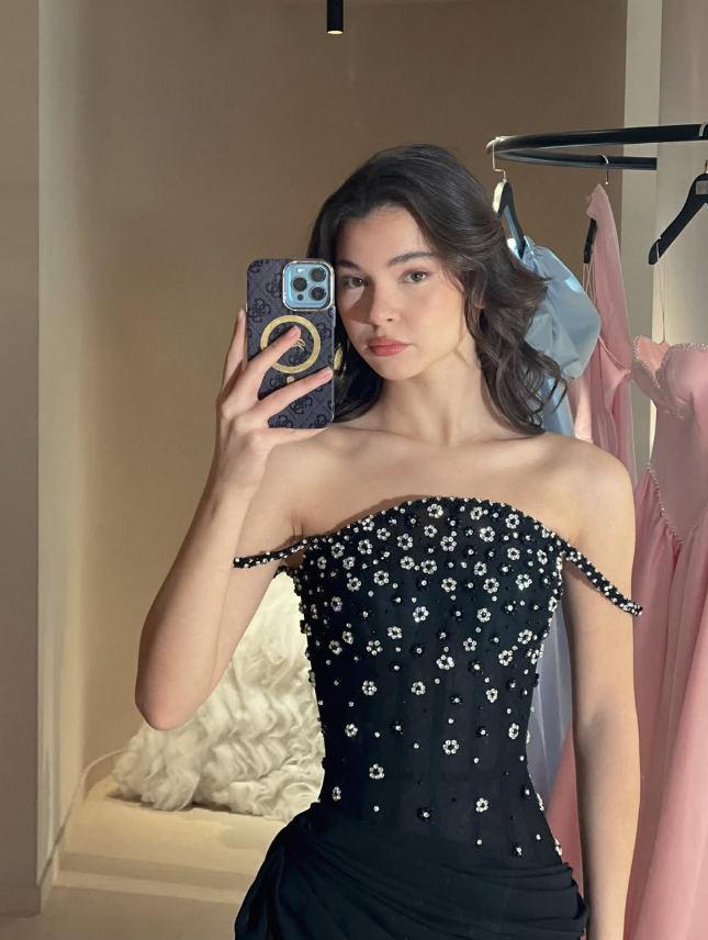 Sexy A Line Straps Exquisite Floral Beaded Black Chiffon Prom Dress Party Dress SH5338