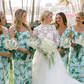 Green Print Floral Sheath V Neck Satin Long Bridesmaid Dress SH6306