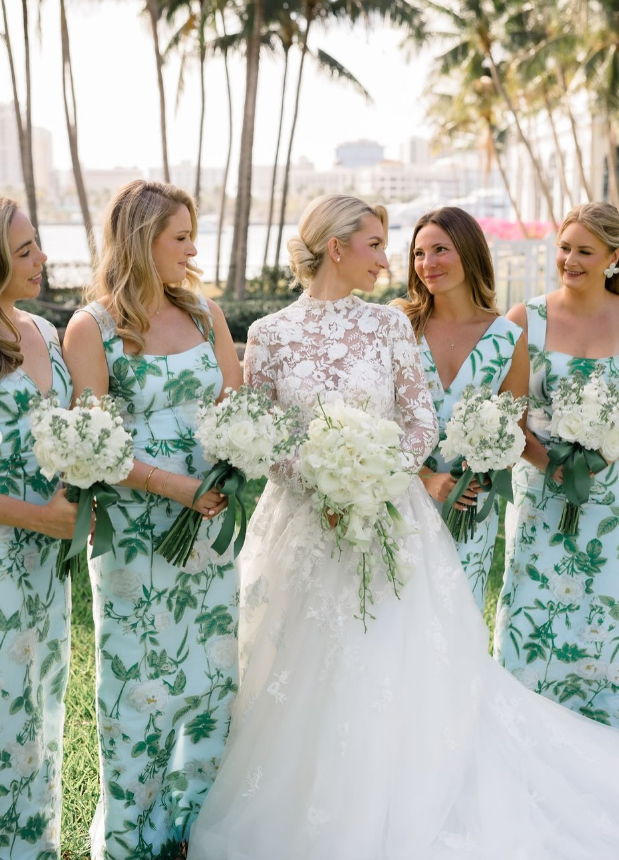 Green Print Floral Sheath V Neck Satin Long Bridesmaid Dress SH6306