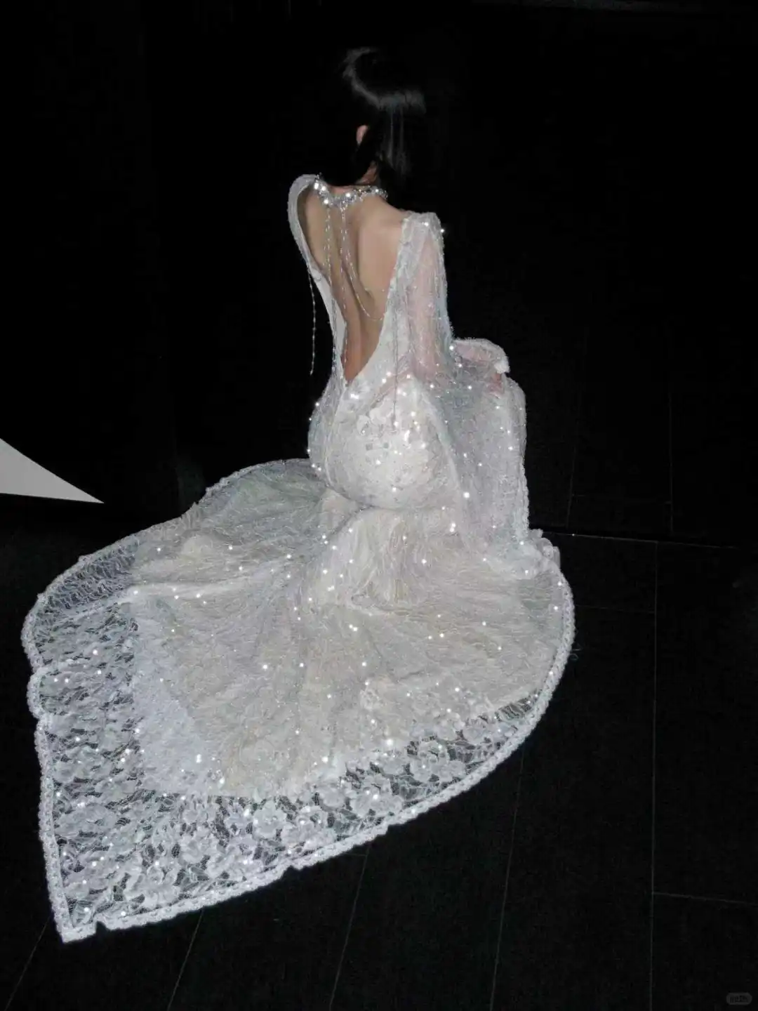 Sexy Mermaid Long Sleeve White Lace Open Back Long Sweep Wedding Dress SH5230