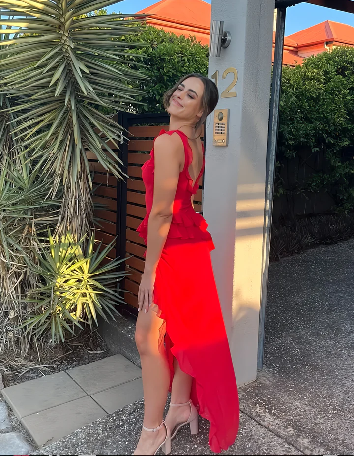 Red Chiffon Prom Dress Long Ruffle Party Dress Evening Dress SH895