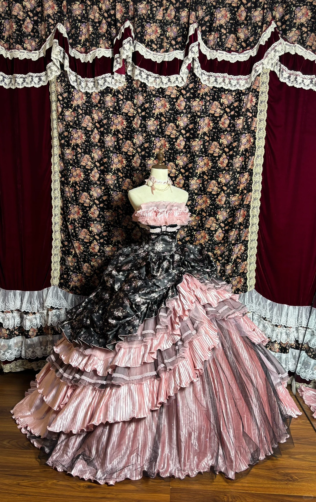 Vintage Unique Ball Gown Strapless Print Floral Layered Tulle Prom Dress Sweet 16 Dress SH5779