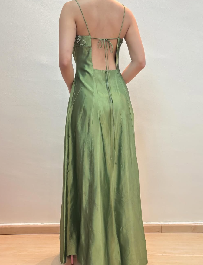 Vintage A Line Spaghetti Strap Beaded Green Satin Prom Dress Evening D – shinydress