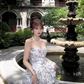 Blue A Line Sweetheart Neck Print Floral Satin Prom Dress 16th Birthday Dress SH3984