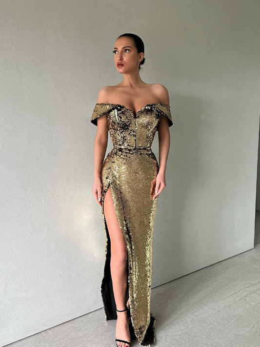 Sexy Shiny Sheath Off the Shoulder Gold-black Sequin Slit Prom Dress Date Dress SH5569