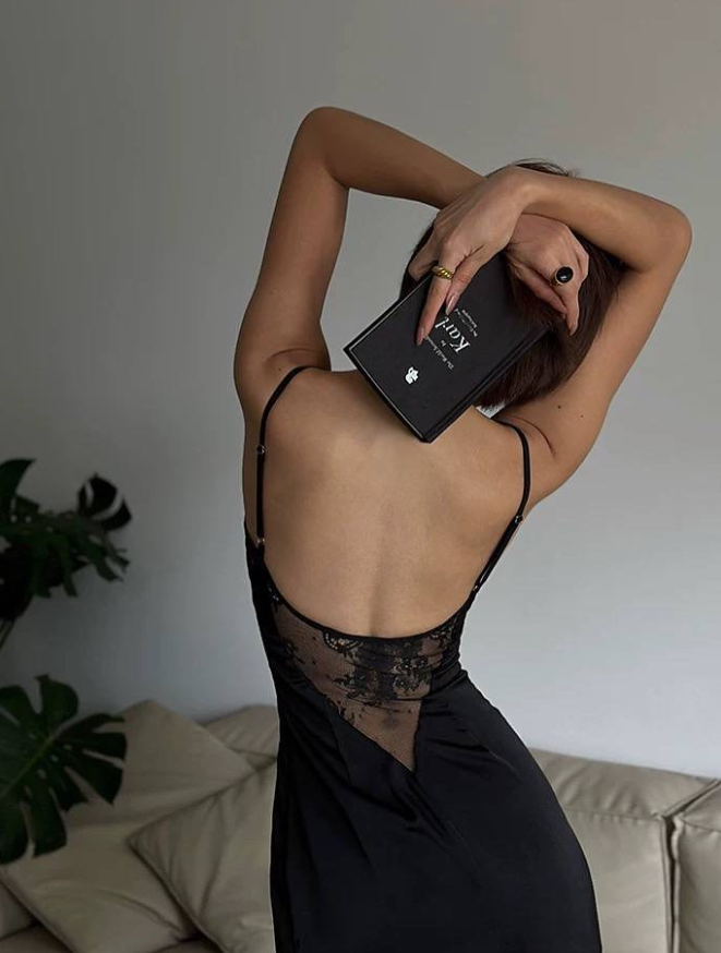 Sexy Black Sheath Spaghetti Straps Satin Open Back Prom Dress with Slit SH4790