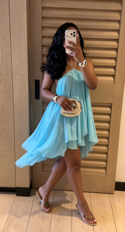 Blue A Line Halter Flowy Chiffon Short Homecoming Dress Outfits SH5742