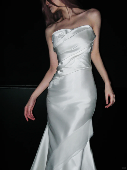 Elegant Mermaid Sweetheart Neck White Lace Satin Long Prom Dress Wedding Dress SH4967