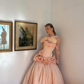 Light Pink Princess A Line Strapless 3D Flower Satin Long Prom Dress Evening Dress SH6060