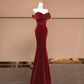 Burgundy Mermaid Off the Shoulder Sequin Velvet Long Prom Dress Party Dress SH4369