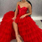 Black A Line Sweetheart Neck Layered Satin Tulle Long Wedding Guest Dress Evening Dress with Slit SH2920