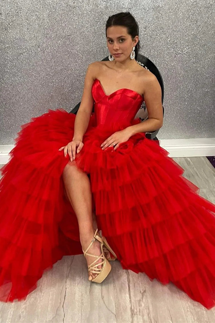 Black A Line Sweetheart Neck Layered Satin Tulle Long Wedding Guest Dress Evening Dress with Slit SH2920