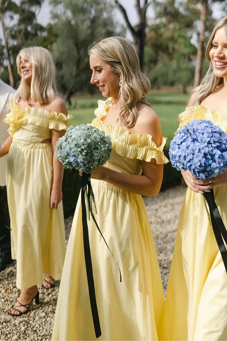 Yellow Off the Shoulder Ruffle Cotton Ankle Length Bridesmaid Dresses SH6294