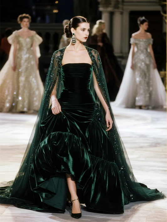 Elegant Ball Gown Strapless Green Velvet Beaded Tulle Long Prom Dress SH5088
