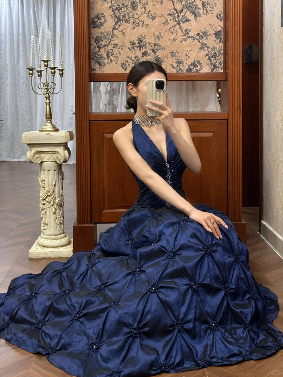 Vintage Navy Blue A Line Halter Beaded Pleated Satin Long Prom Dress SH5169