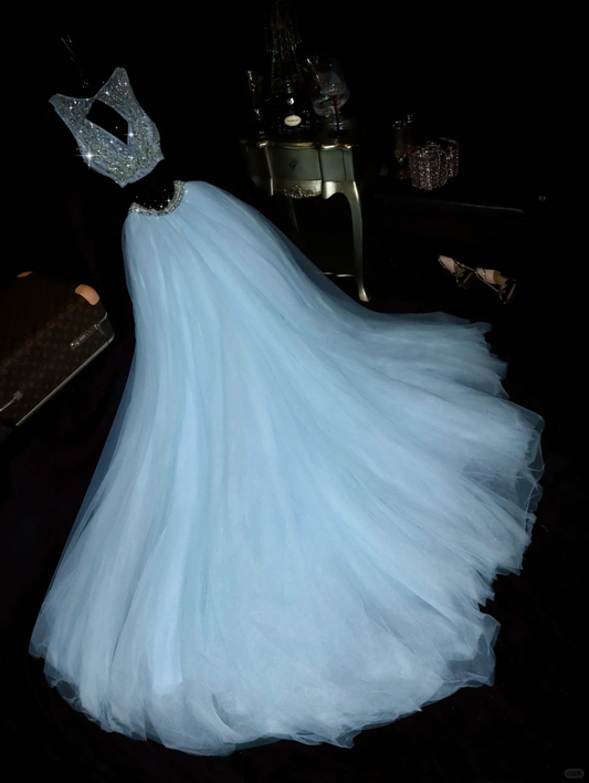 Shiny A Line V Neck Two Piece Beaded Baby Blue Tulle Long Prom Dress Evening Dress SH3141
