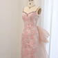 Pink Sheath Spaghetti Straps Rhinestone Sequin Tulle Prom Dress Evening Dress with Bow SH1945