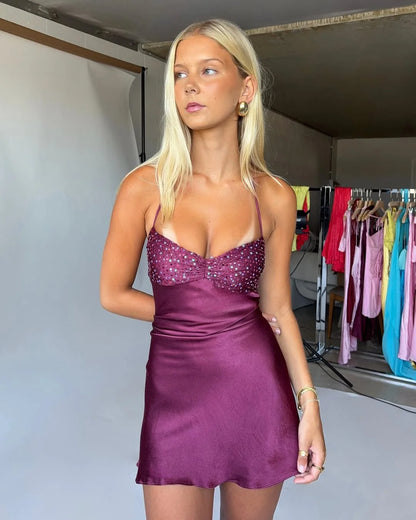 Cute Sheath Spaghetti Straps Purple Short Homecoming Dress with Beading SH7452