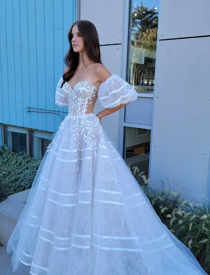 Sweety Ball Gown Puff Sleeve Appliques Tulle Long Wedding Dress SH7115