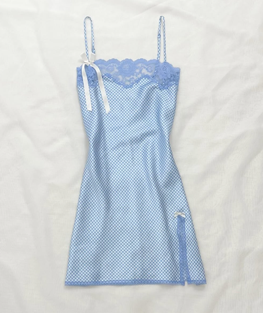 Blue Lattice A Line Spaghetti Strap Lace Satin Short Homecoming Dress Birthday Dress Outfits SH3542
