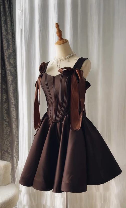 Brown A Line Straps Satin Short Homecoming Dress Outfits SH4834