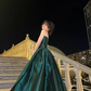 Simple Emerald A Line Strapless Satin Long Prom Dress Wedding Guest Dress SH5409