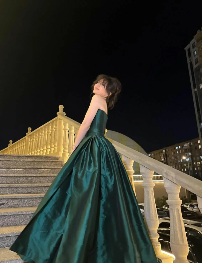 Simple Emerald A Line Strapless Satin Long Prom Dress Wedding Guest Dress SH5409