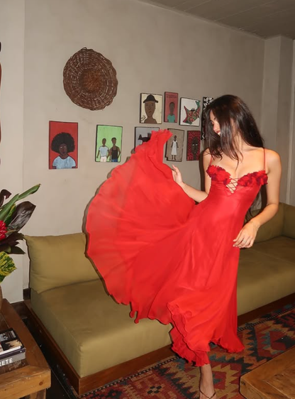 Charming Red A Line Spaghetti Strap Chiffon Backless Prom Dress Evening Dress SH6062