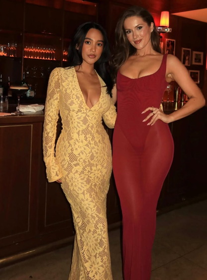 Yellow Sheath Long Sleeve V Neck Lace Long Prom Dress Evening Dress SH8976