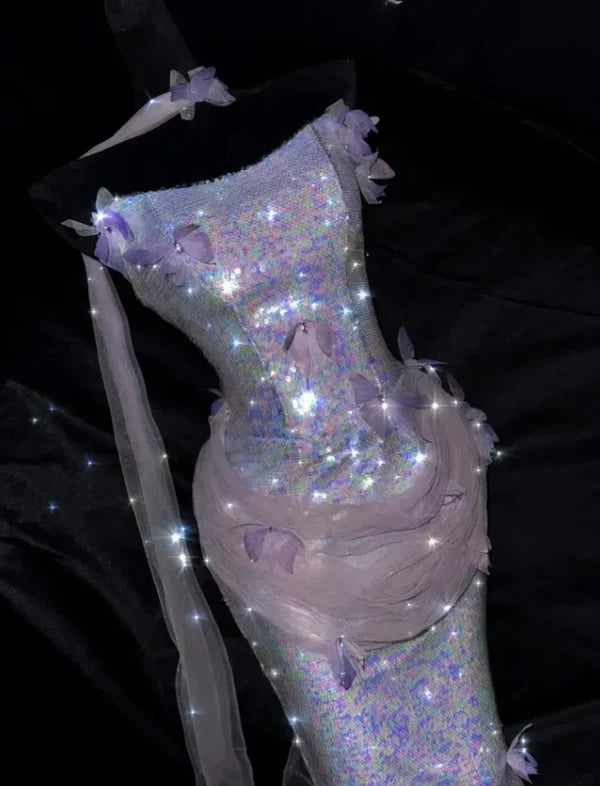 Shiny Lilac Mermaid Strapless Butterfly Sequin Prom Dress Evening Dress SH7169