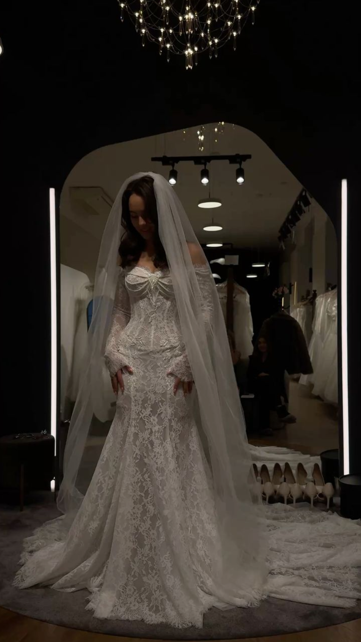 Exquisite Pearl Mermaid Long Sleeve White Lace Long Train Wedding Dress SH8006