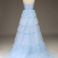 Pretty A Line Strapless Tiered Blue Tulle Long Prom Dress Evening Dress with Slit SH1959