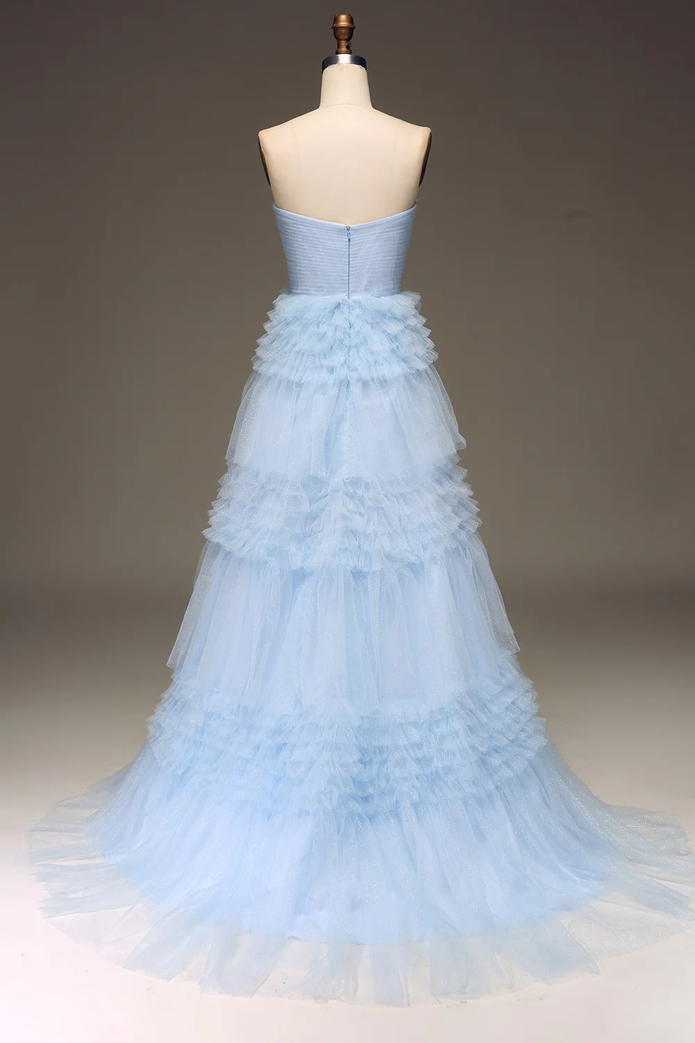 Pretty A Line Strapless Tiered Blue Tulle Long Prom Dress Evening Dress with Slit SH1959