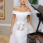 Vintage Sheath Off the Shoulder White Satin Long Train Wedding Dress SH6084
