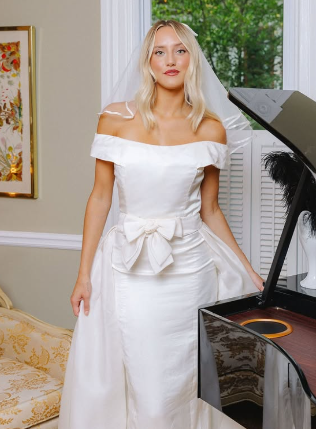 Vintage Sheath Off the Shoulder White Satin Long Train Wedding Dress SH6084